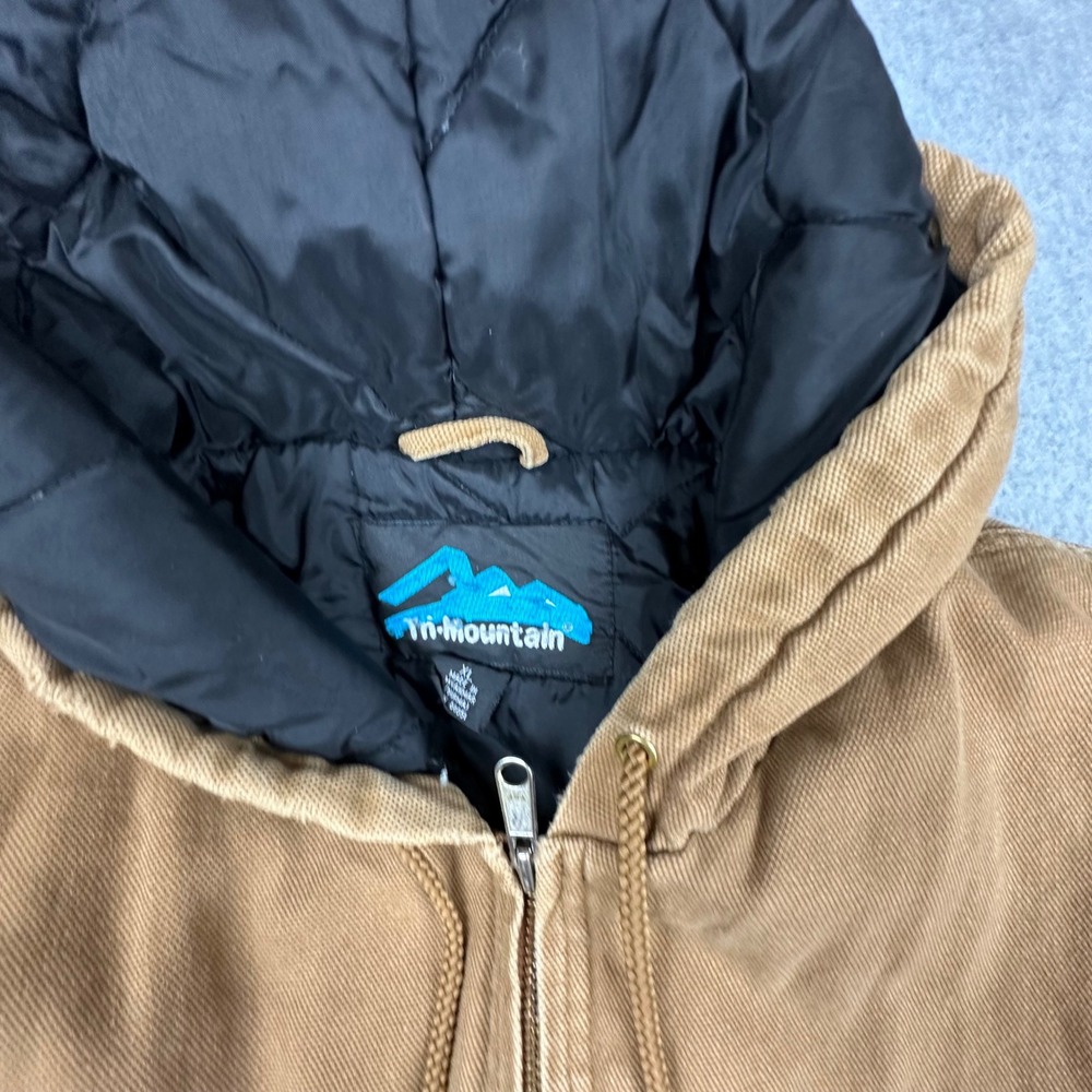 Tri-Mountain Mens‎ XL Hooded Canvas Work Jacket Tan Quilted Lined Atlas Logo